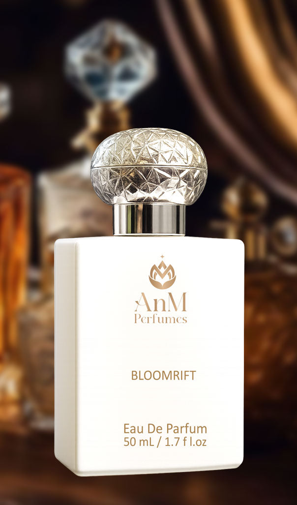 AnM Perfumes Bloomrift Eau De Parfum bottle with decorative cap on a blurred background