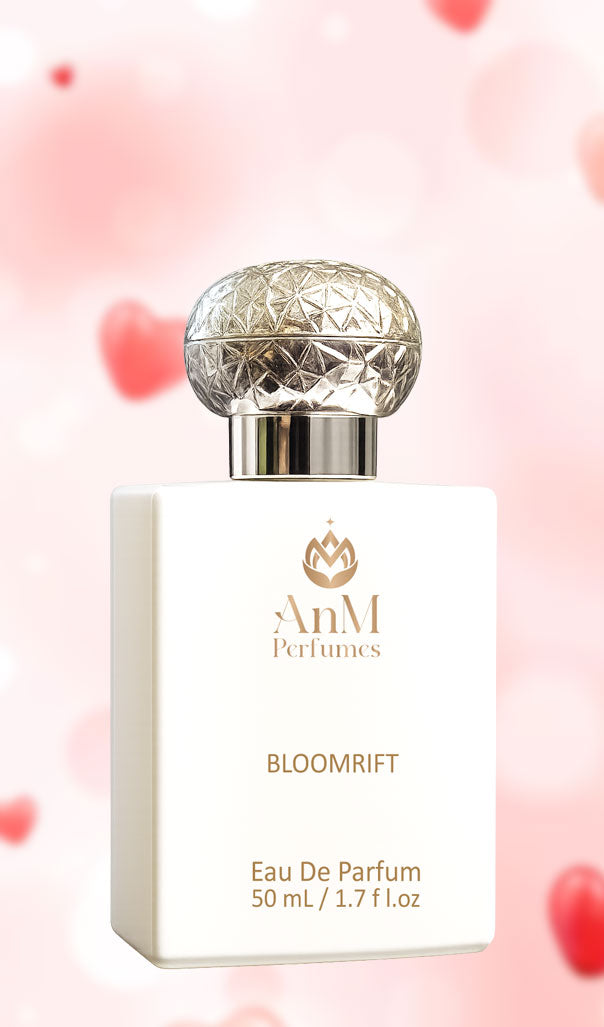 AnM Perfumes Bloomrift Eau De Parfum bottle on a pink floral background