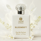 AnM Perfumes Bloomrift Eau De Parfum bottle with decorative cap on a floral background