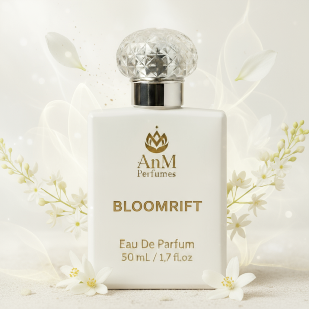 AnM Perfumes Bloomrift Eau De Parfum bottle with decorative cap on a floral background