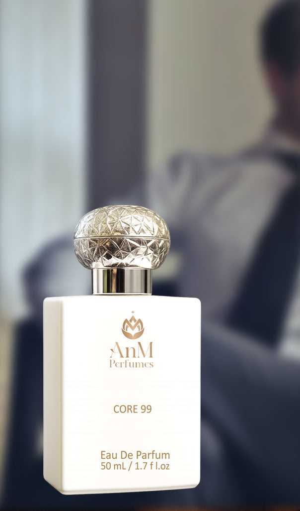 AnM Perfumes Core 99 Eau De Parfum bottle with a textured silver cap.