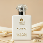 AnM Perfumes CORE 99 Eau De Parfum bottle on a beige background with flowers.