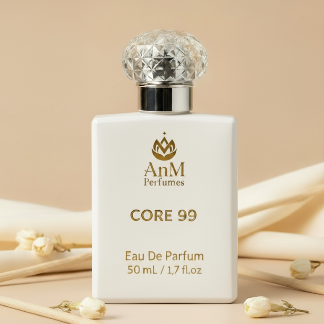AnM Perfumes CORE 99 Eau De Parfum bottle on a beige background with flowers.
