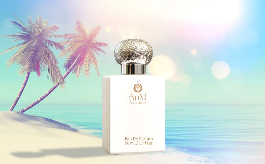 Perfume bottle with palm trees and beach in the background