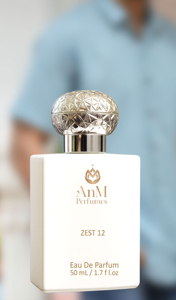 AnM Perfumes ZEST 12 Eau De Parfum bottle with a blurred background