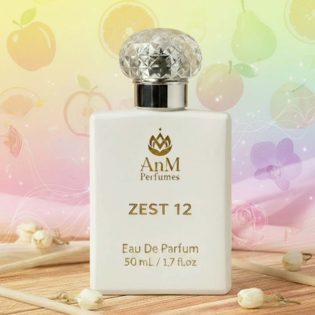 AnM Perfumes ZEST 12 Eau De Parfum bottle with decorative elements on a colorful background
